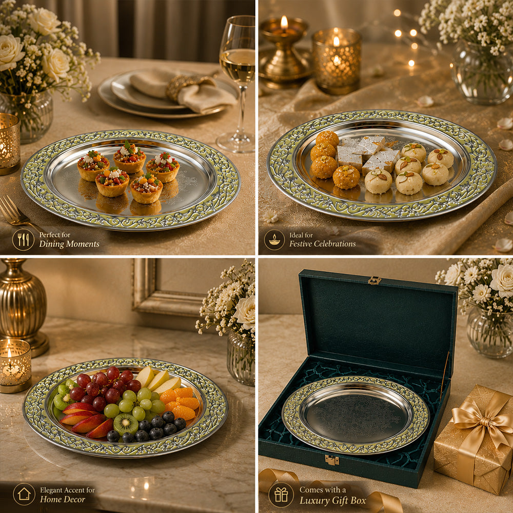 Diviniti Silver-Plated Oval Decorative Tray with Green Enamel Accents | Luxury Serving Platter for Dry Fruits, Sweets & Premium Gifting