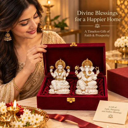 999 Silver-Plated Lakshmi Ganesha Idol | Premium Gift Box | 6x8 CM