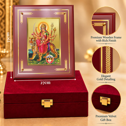 24K Gold-Plated Sherawali Mata with Pindi MDF Frame | Premium Gift Box | 27x35 CM