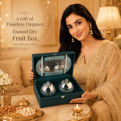 Diviniti Silver-Plated 2 Bowl Serving Set with Tray & Lids | Turquoise Enamel Decorative Dry Fruit & Mukhwas Bowls for Premium Gifting