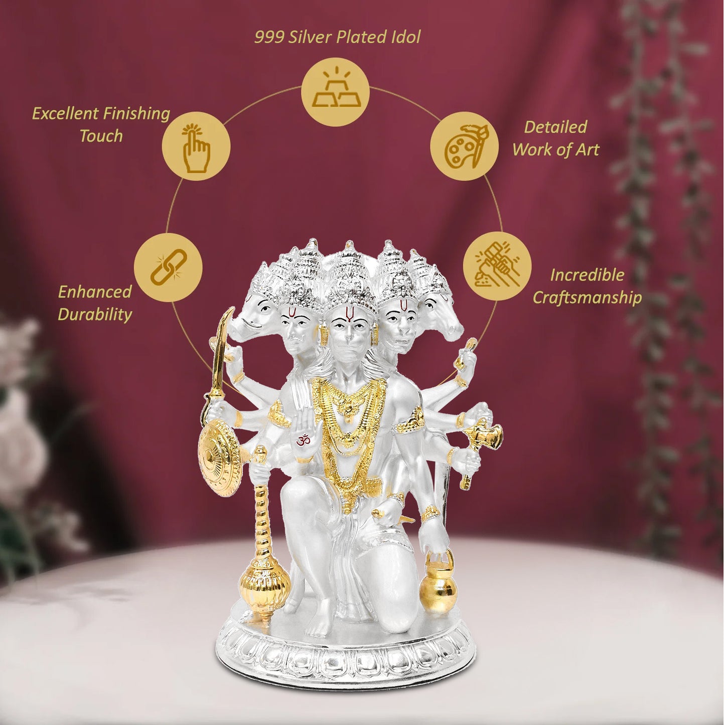 DIVINITI 999 Silver Plated Lord Panchmukhi Hanuman Idol | Exquisite Divine Statue for Home Decor, Office Table Top, Pooja Room & Gift (17.5X12.3CM)