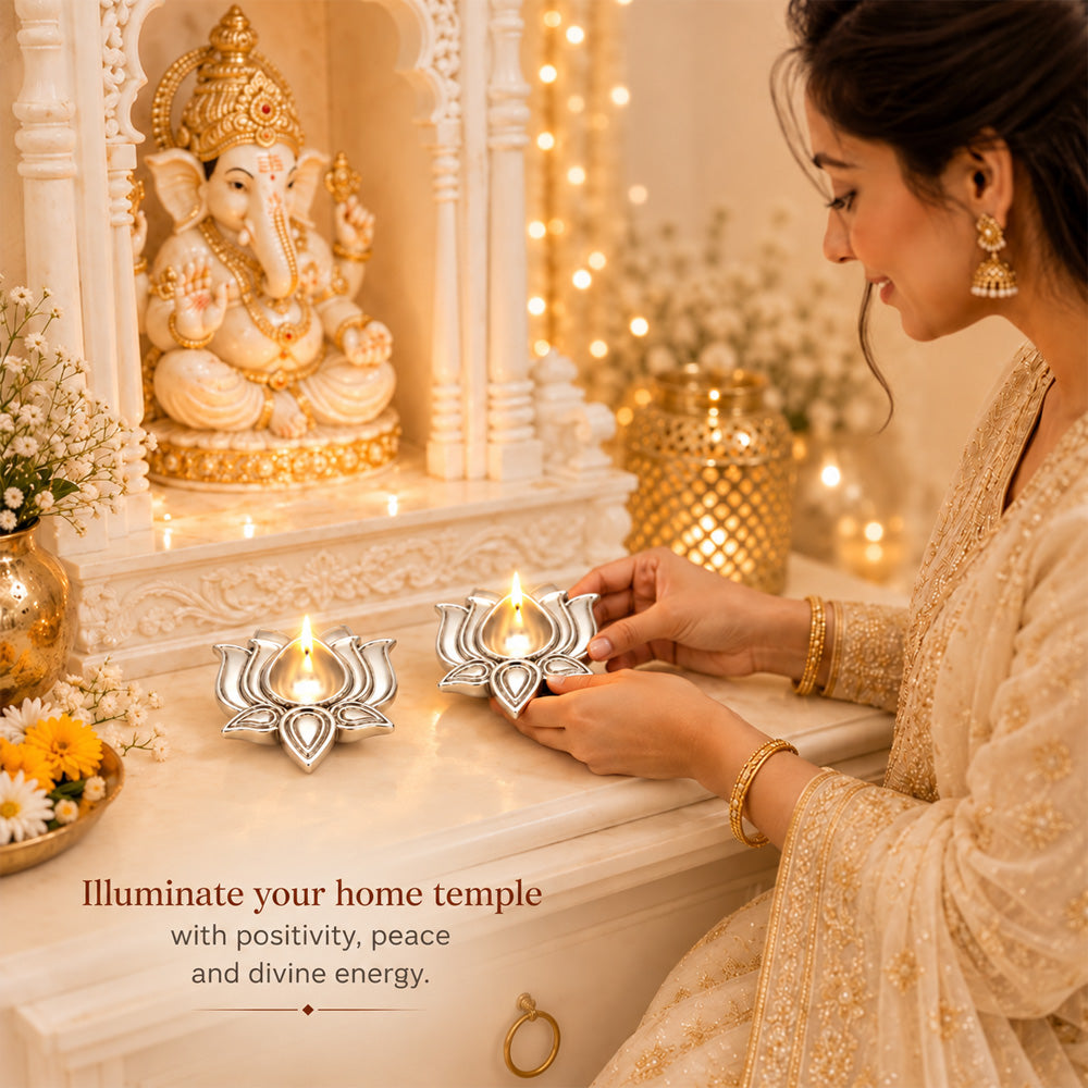 999 Silver-Plated Lotus Diya Pair | Premium Gift Box | 8x8 CM