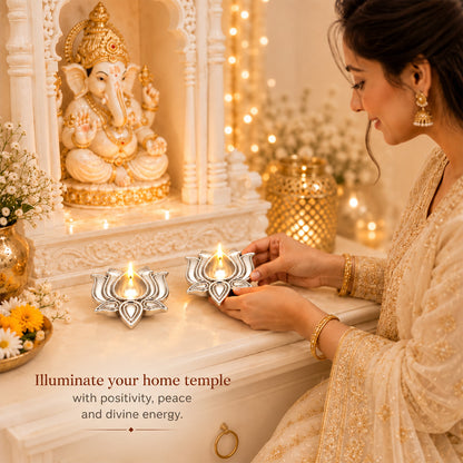 999 Silver-Plated Lotus Diya Pair | Premium Gift Box | 8x8 CM