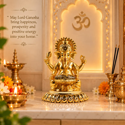 24K Gold-Plated Dholak Ganesha Idol | Premium Gift Box | 15x12 CM