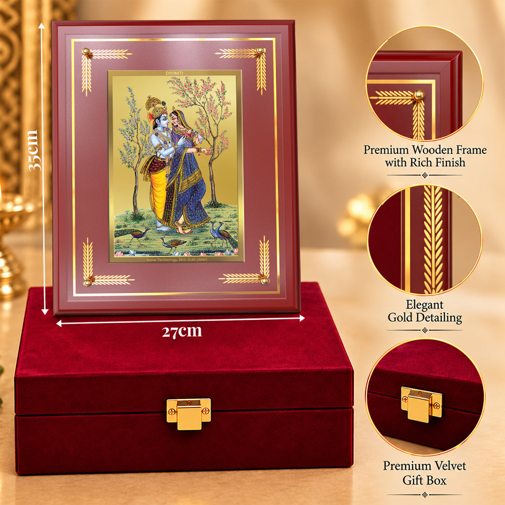 24K Gold-Plated Radha Krishna with Peacock MDF Frame | Premium Gift Box | 27x35 CM
