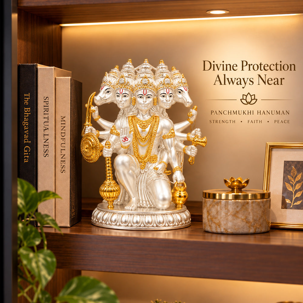 999 Silver-Plated Dual-Tone Panchmukhi Hanuman Idol | Premium Gift Box | 17.5x12 CM