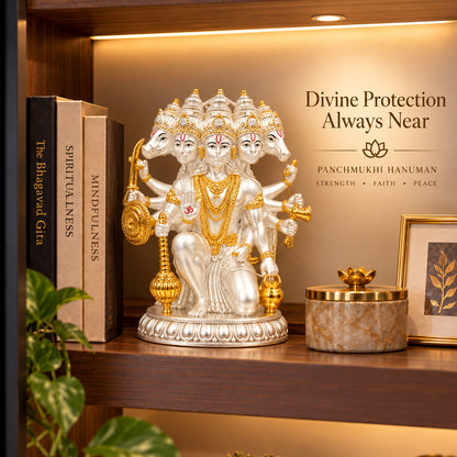 999 Silver-Plated Dual-Tone Panchmukhi Hanuman Idol | Premium Gift Box | 17.5x12 CM