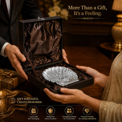 Diviniti Silver Peacock German Silver Dry Fruit Bowl with Gift Box showcased in luxurious packaging.