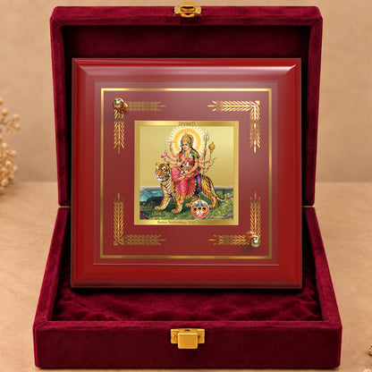 24K Gold-Plated Sherawali Mata with Pindi MDF Frame | Premium Gift Box | 10x10 CM