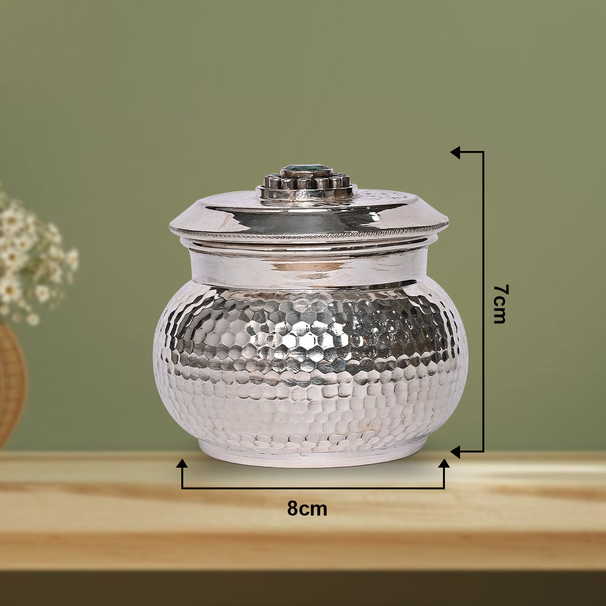 Pure Silver Serenity Box Green Eye Studded Handcrafted Storage Container (8x6x7 cm, 152g)