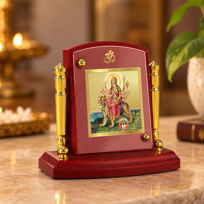 24K Gold-Plated Durga Sherawali Mata with Pindi MDF Car Dashboard Frame | 7.5x9 CM
