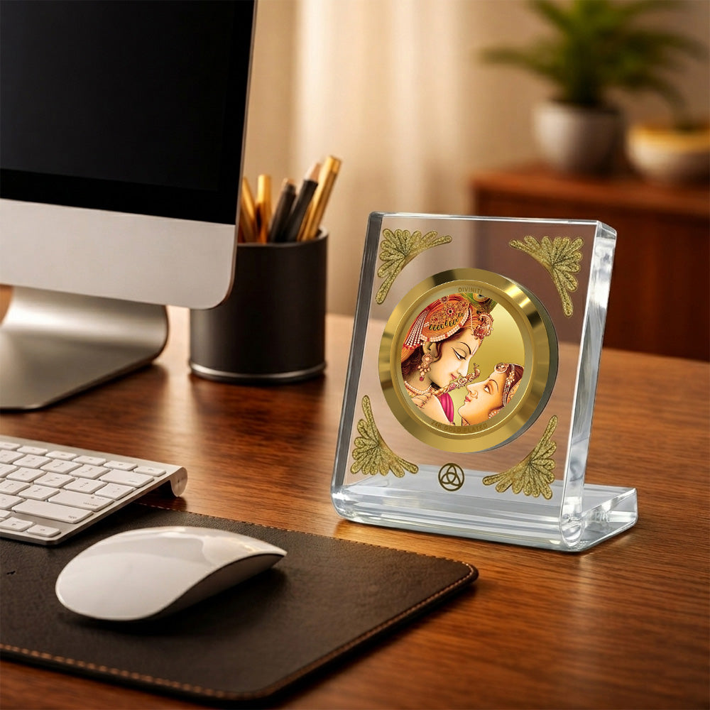 24K Gold Plated Radha Krishna Acrylic Car Dashboard Frame | 8x7 CM