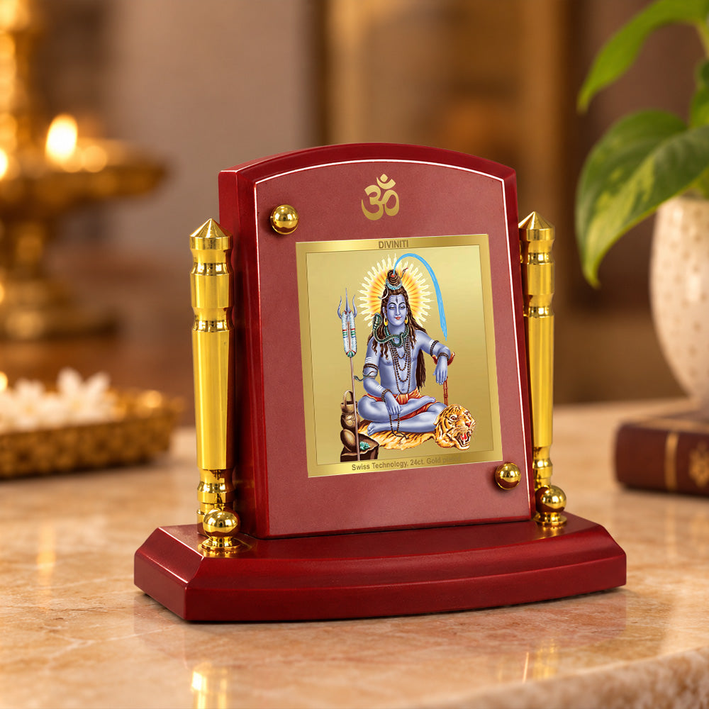 24K Gold-Plated Lord Shiva MDF Car Dashboard Frame | 7.5x9 CM