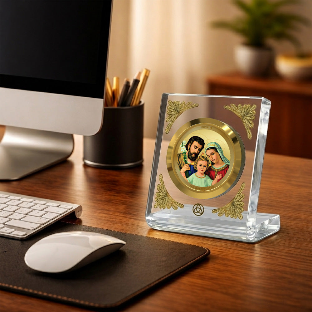 24K Gold-Plated Holy Family Acrylic Car Dashboard Frame | 8x7 CM