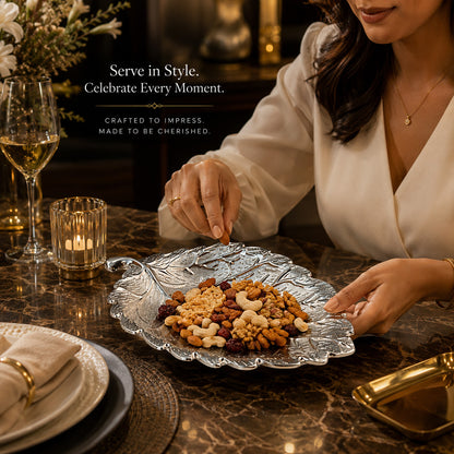 Diviniti Silver-Plated Leaf Decorative Platter | Luxury Long Leaf Serving Tray for Home & Table Décor