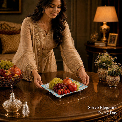 Diviniti Turquoise German Silver Decorative Platter with fruits, elegantly presented for a sophisticated dining experience.