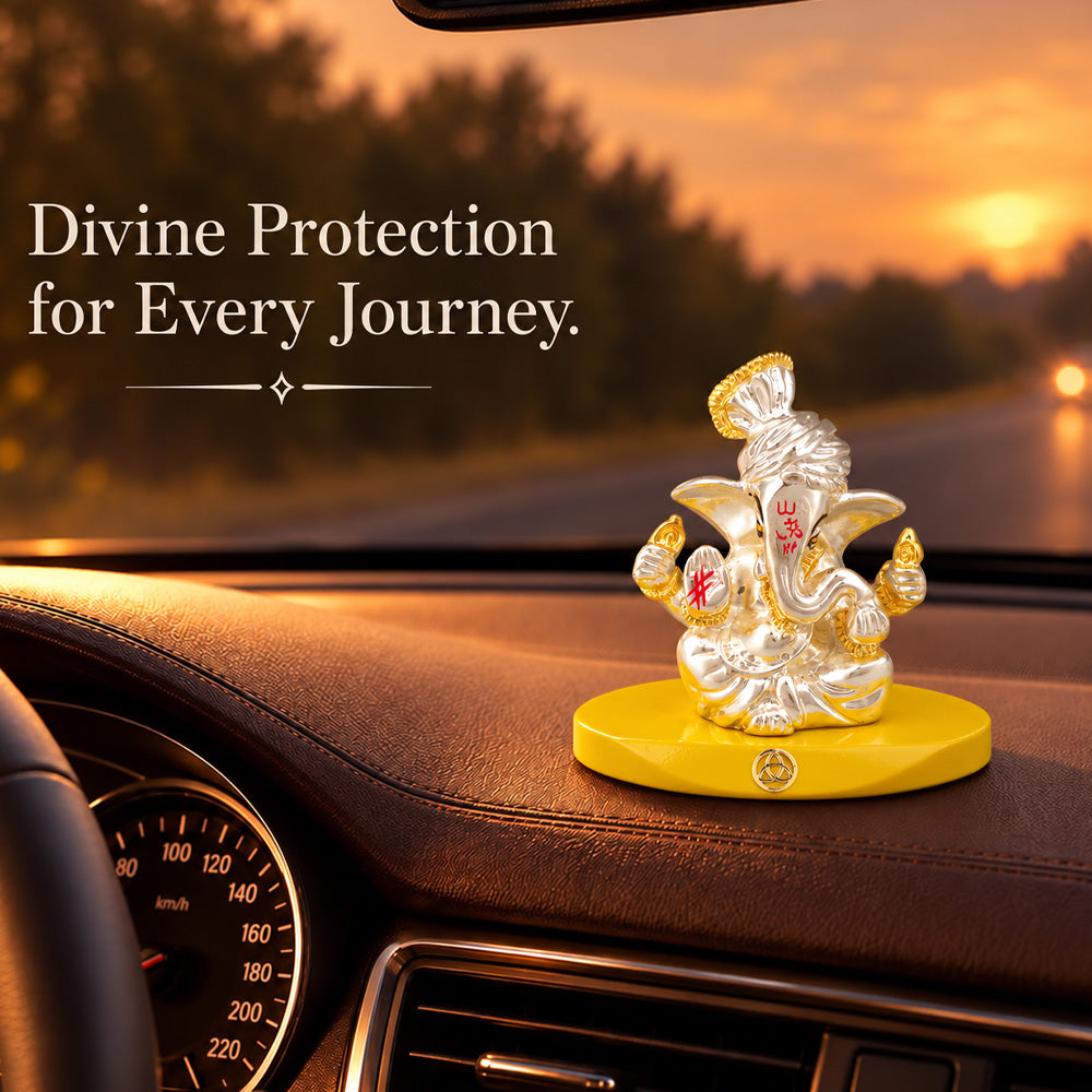 999 Silver-Plated Pagdi Ganesha Idol | Car & Home Décor | Gift Box | 7x7 CM