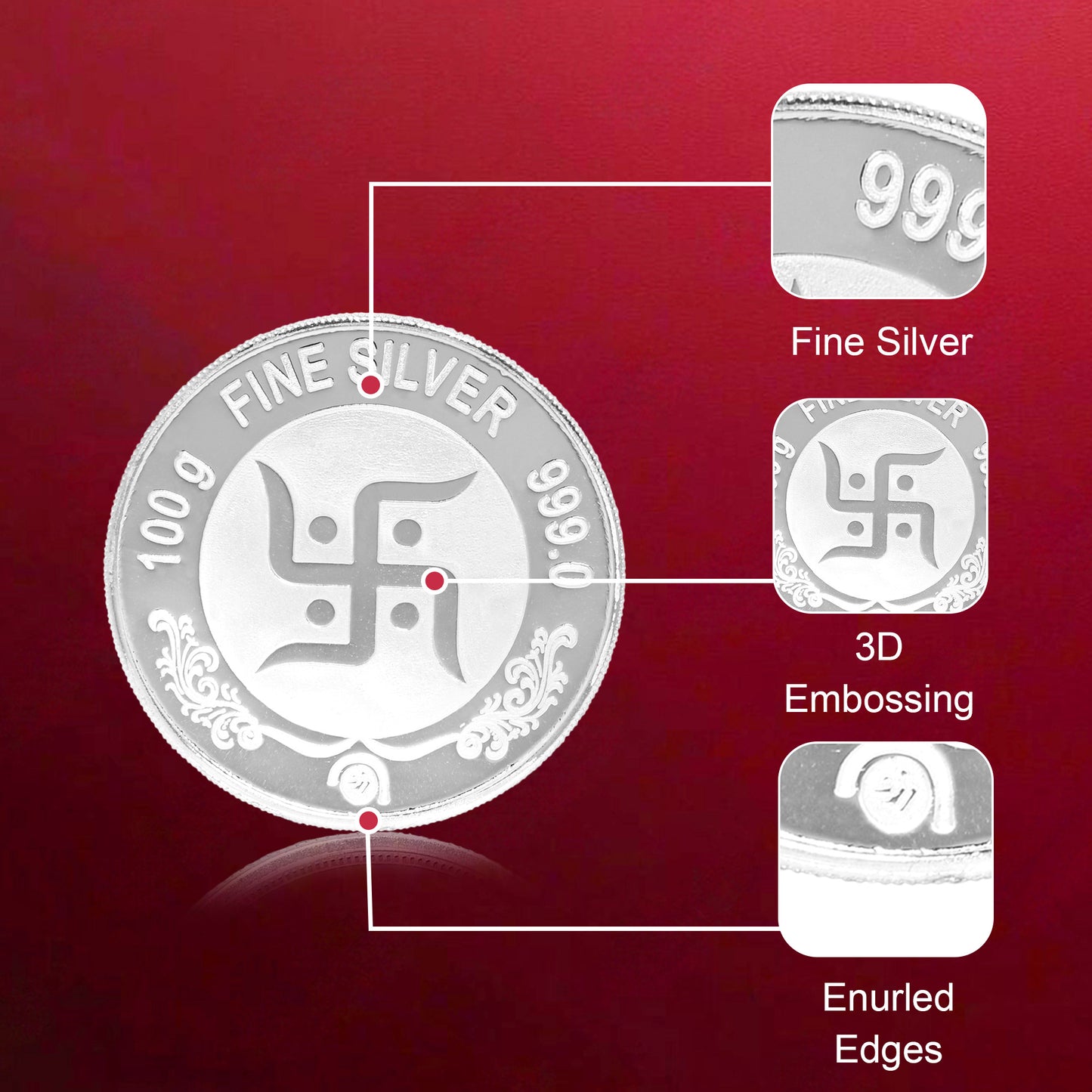 Pure Silver Coin Laxmi Ganesh & Swastik Symbol of Prosperity and Blessings for Home & Office Décor, Puja Room Diwali Gift (100g)