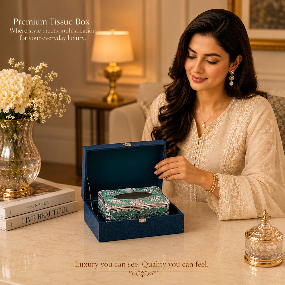 Diviniti Silver-Plated Tissue Holder | Green Enamel Ornate Tissue Box for Luxury Home Décor