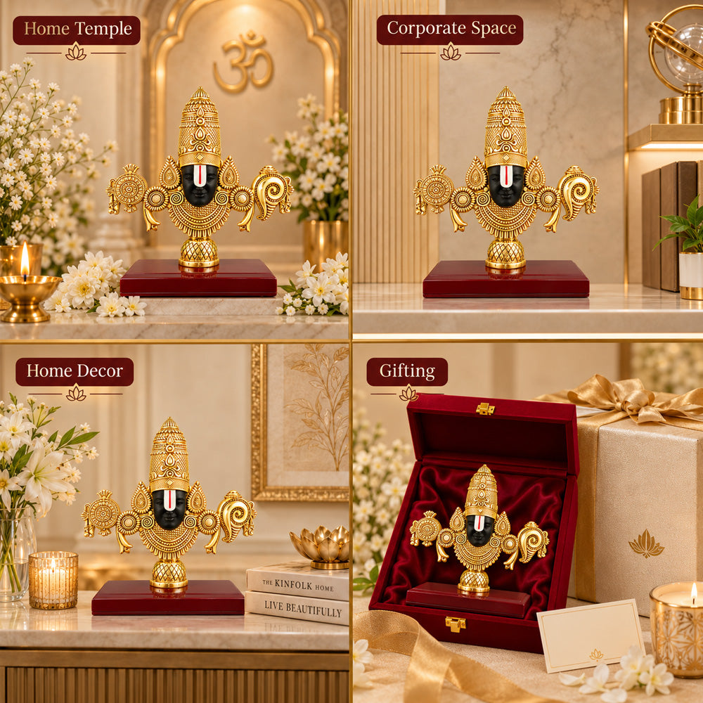 24K Gold-Plated Lord Tirupati Balaji Idol | Premium Gift Box | 13x14 CM