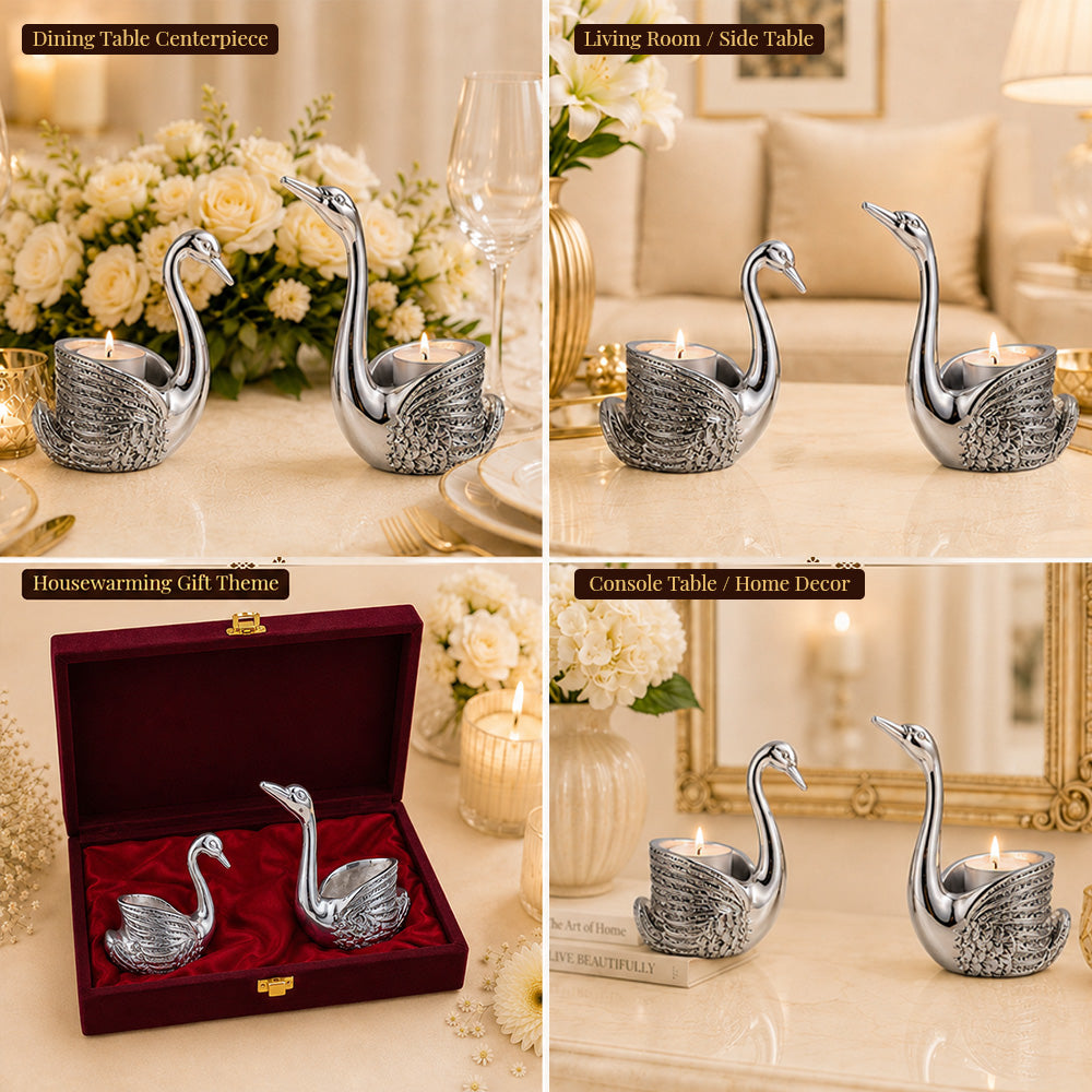 Diviniti 999 Silver Plated Swan Pair Diya Set with Luxury Gift Box | Antique Finish Home Décor