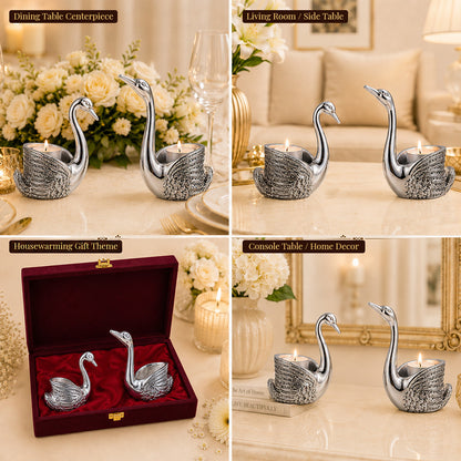 Diviniti 999 Silver Plated Swan Pair Diya Set with Luxury Gift Box | Antique Finish Home Décor