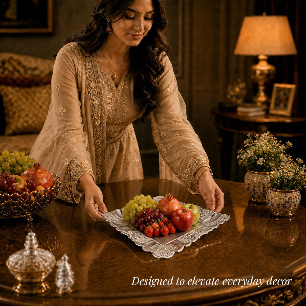 Diviniti German Silver Decorative Platter with Luxury Gift Box displayed with fruits on a beautifully set table.