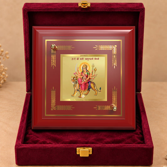 24K Gold-Plated Durga Mata with Mantra MDF Frame | Premium Gift Box | 10x10 CM