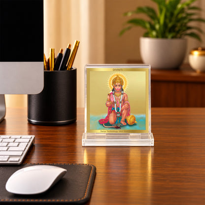 24K Gold-Plated Lord Hanuman Acrylic Car Dashboard Frame | 6x5 CM