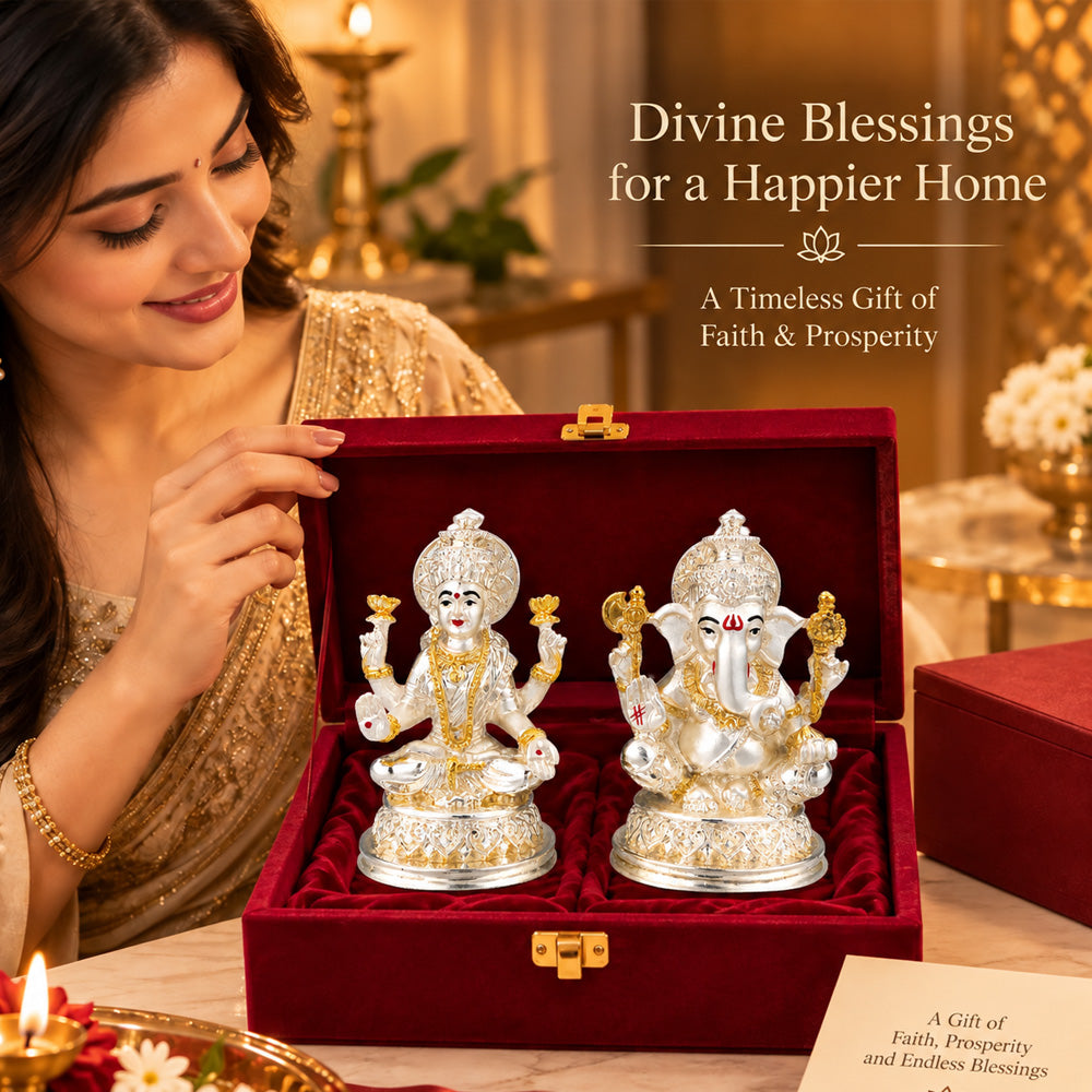 999 Silver-Plated Dual-Tone Laxmi Ganesha Idol | Premium Gift Box | 10x13 CM