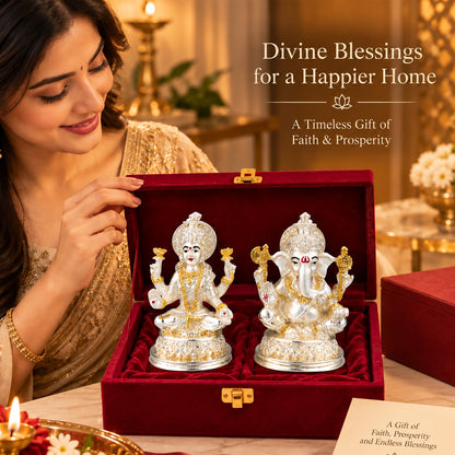 999 Silver-Plated Dual-Tone Laxmi Ganesha Idol | Premium Gift Box | 10x13 CM