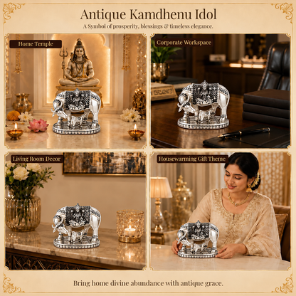 999 Silver-Plated Antique Kamdhenu Cow Idol | Premium Gift Box | 11x9 CM