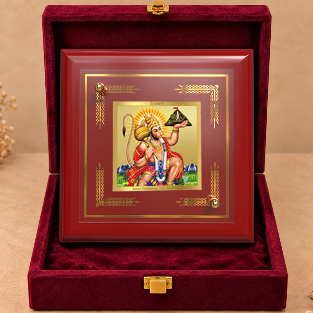 24K Gold-Plated Hanuman with Sanjeevani Mountain MDF Frame | Premium Gift Box | 10x10 CM