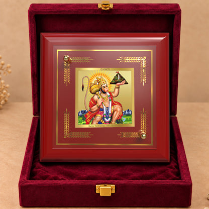 24K Gold-Plated Hanuman with Sanjeevani Mountain MDF Frame | Premium Gift Box | 10x10 CM