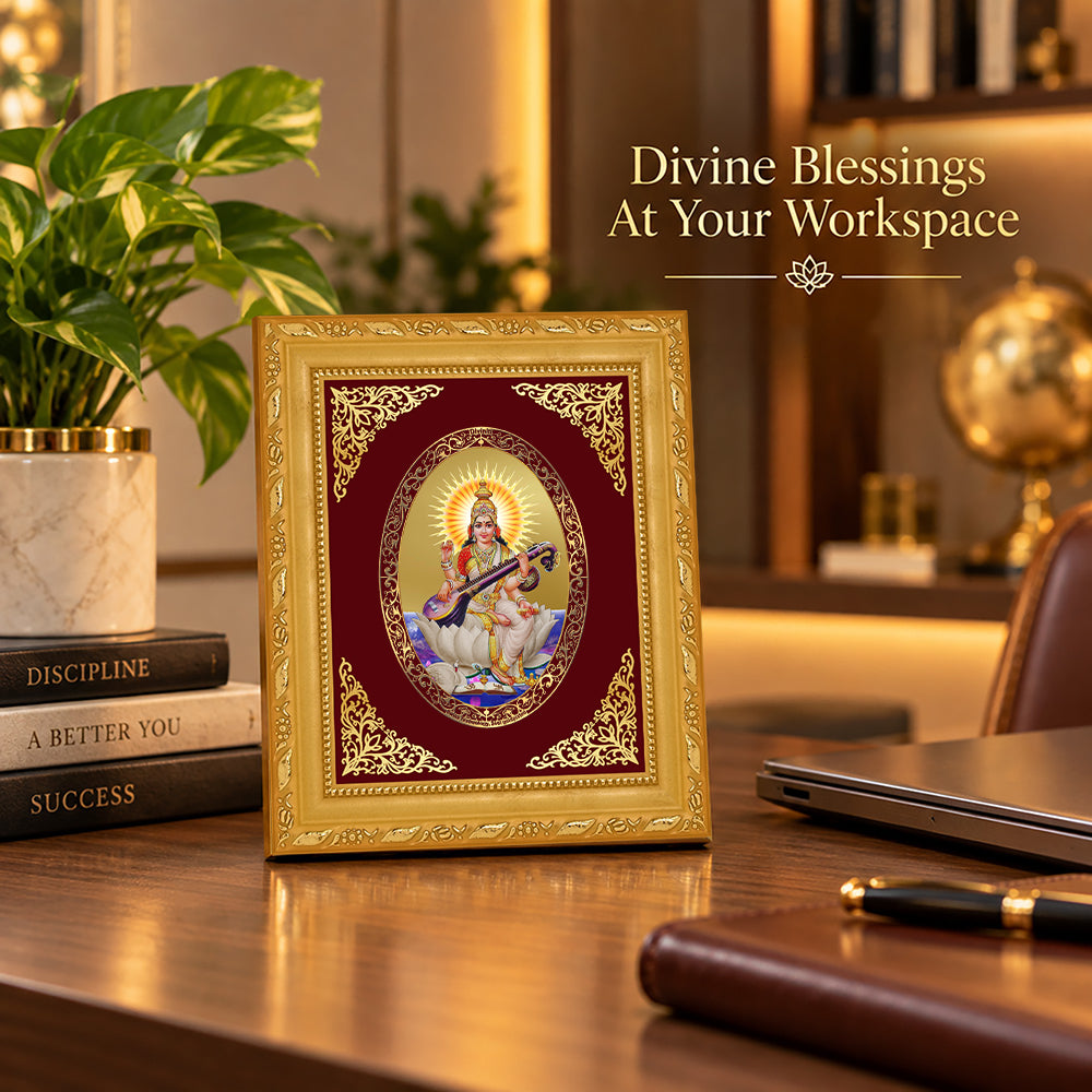24K Gold-Plated Goddess Saraswati Frame | Premium Gift Box | 16x13.5 CM