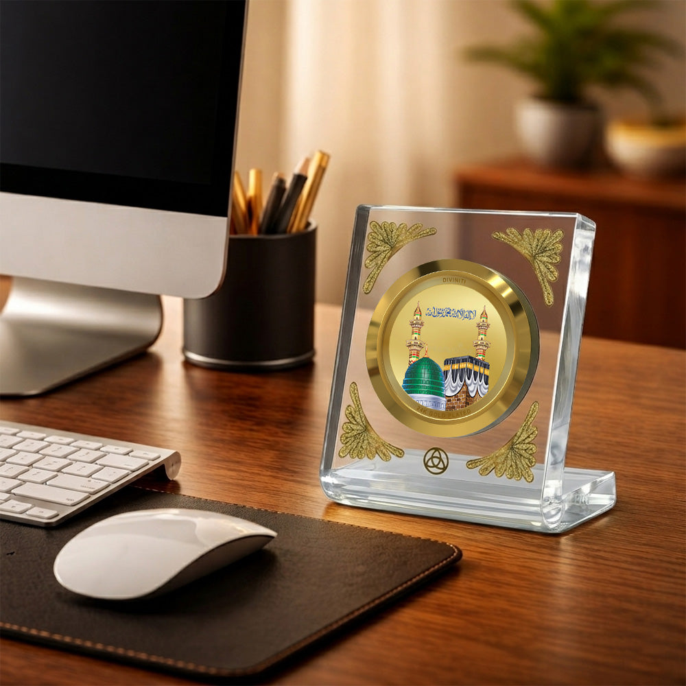 24K Gold-Plated Mecca Madina Acrylic Car Dashboard Frame | 8x7 CM