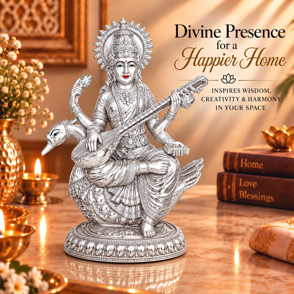 999 Silver-Plated Goddess Saraswati Idol | Premium Gift Box | 21x18 CM