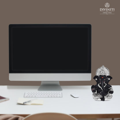 Diviniti 999 Silver Plated Resin Lord Ganesha Idol for Car Dashboard Tabletop for Home Decor Mandir Puja Gift Black (8.4x4.2cm)