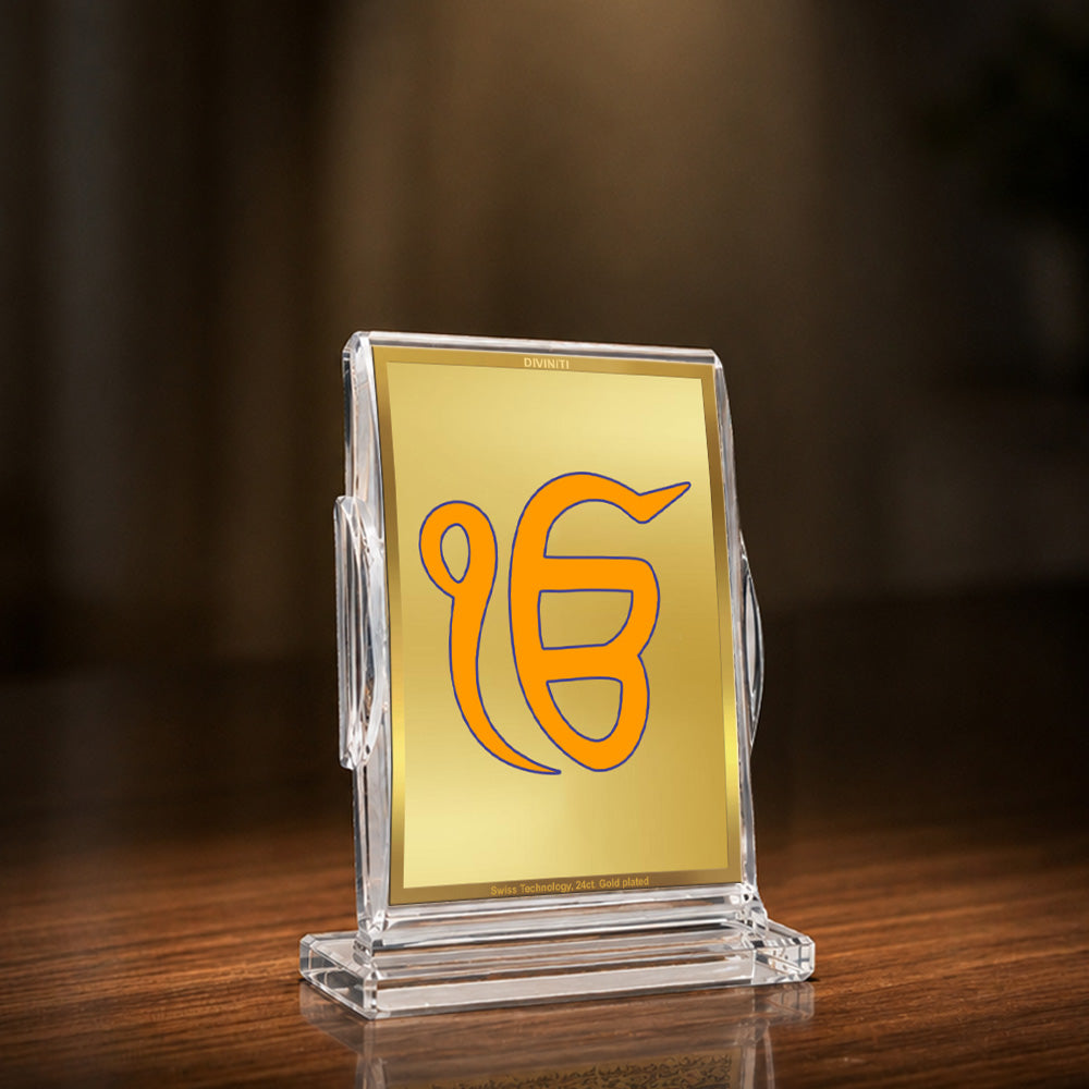 24K Gold-Plated Ik Onkar Acrylic Car Dashboard Frame | 11x7 CM