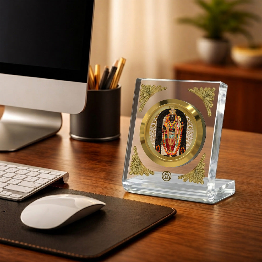 24K Gold-Plated Ram Lalla Acrylic Car Dashboard Frame | 8x7 CM