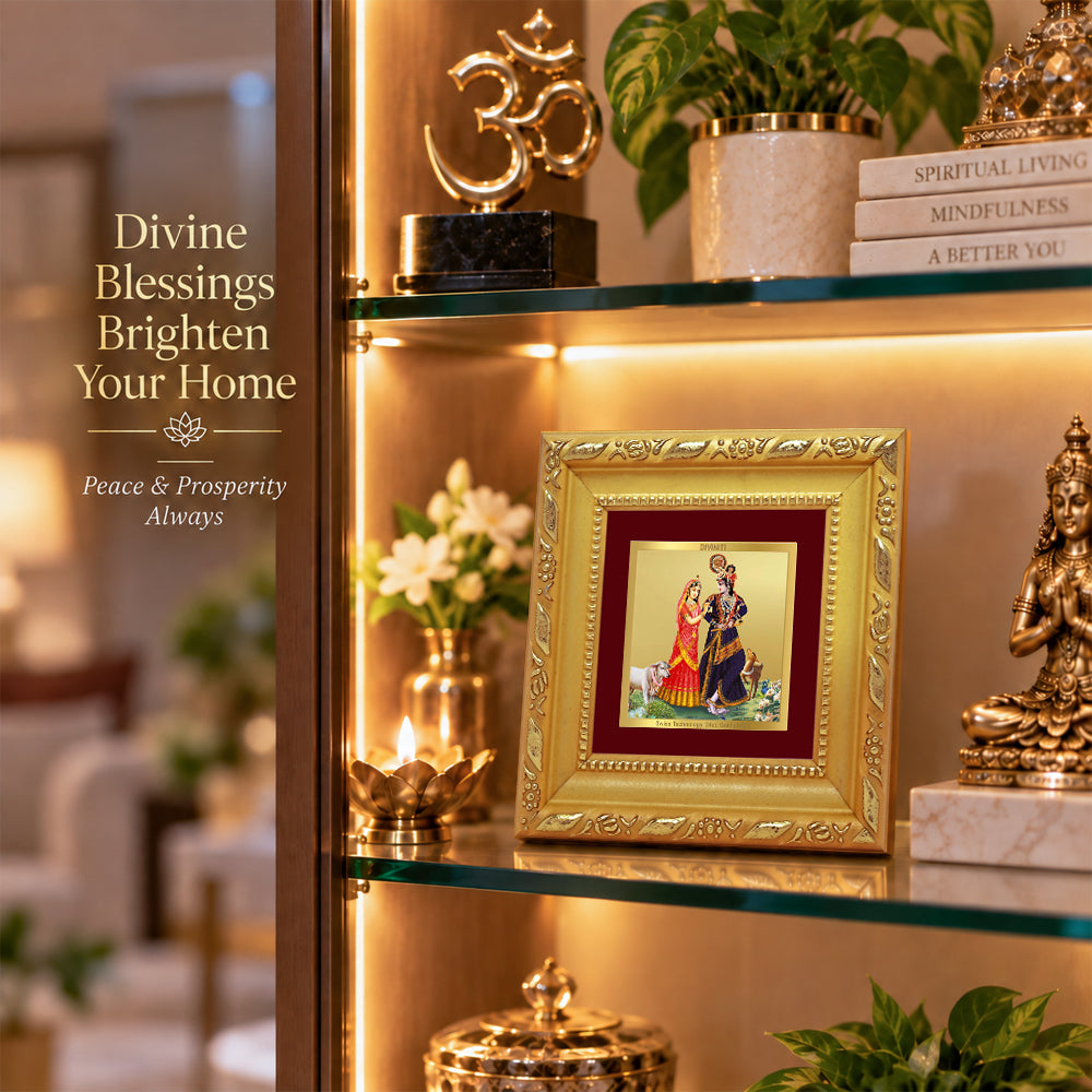 24K Gold-Plated Radha Krishna with Cow Frame | Premium Gift Box | 10x10 CM