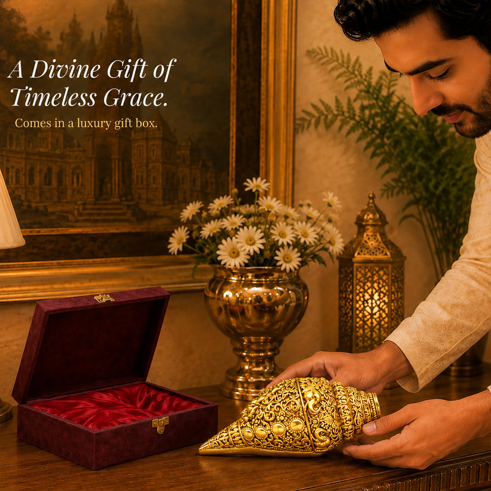 24K Gold-Plated Ganesha Shankh | Premium Gift Box | 12x6 CM