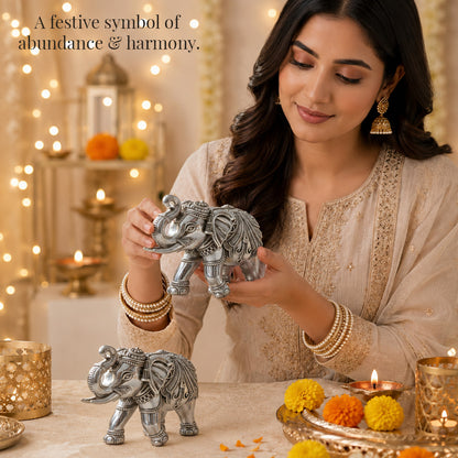 999 Silver-Plated Antique Elephant Pair | Premium Gift Box | 6x8 CM