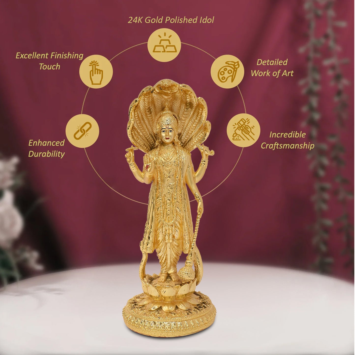 Diviniti 24K Gold-Plated Lord Vishnu Idol Elegant Spiritual Symbol of Protection For Home and Office Décor Tabletop Pooja Room Gift (30x13 CM)