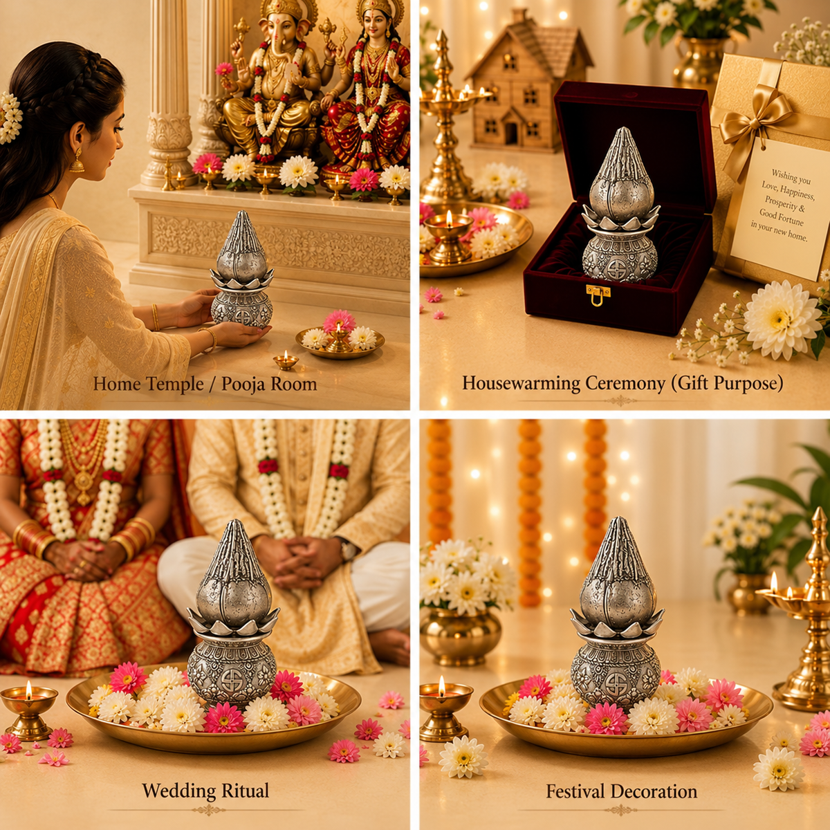 999 Silver-Plated Antique Lakshmi Kalash with Coconut | Gift Box | 16x8 CM