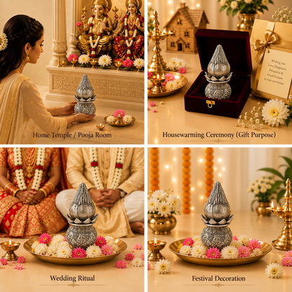 999 Silver-Plated Antique Lakshmi Kalash with Coconut | Gift Box | 16x8 CM