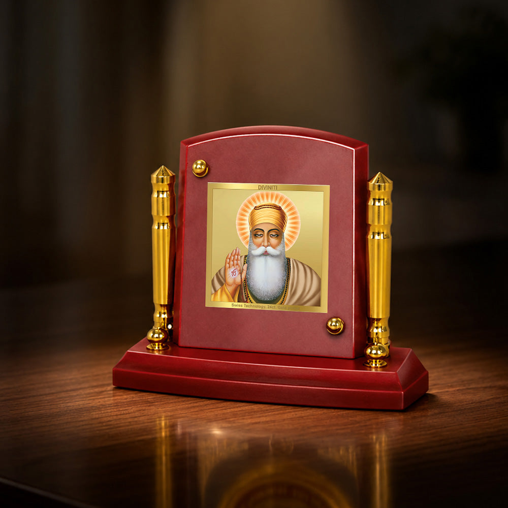 24K Gold-Plated Guru Nanak Dev Ji MDF Car Dashboard Frame | 7.5x9 CM
