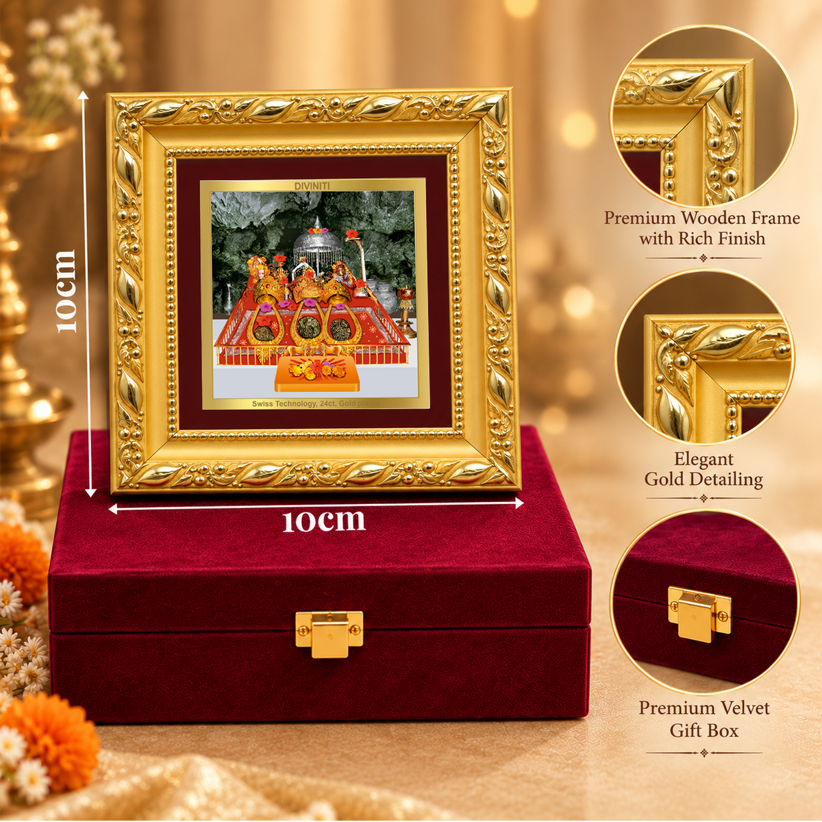 24K Gold-Plated Vaishno Devi Mata Ka Darbar Frame | Premium Gift Box | 10x10 CM