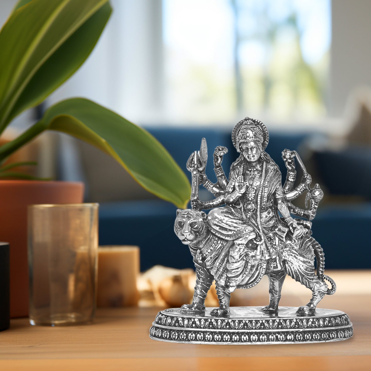 DIVINITI 925 Pure Silver Durga Mata Ji Idol Statue Embodying Power and Devotion for Home Office Décor, Tabletop, Puja Room Gift (4.5x3.4 CM, 34g)