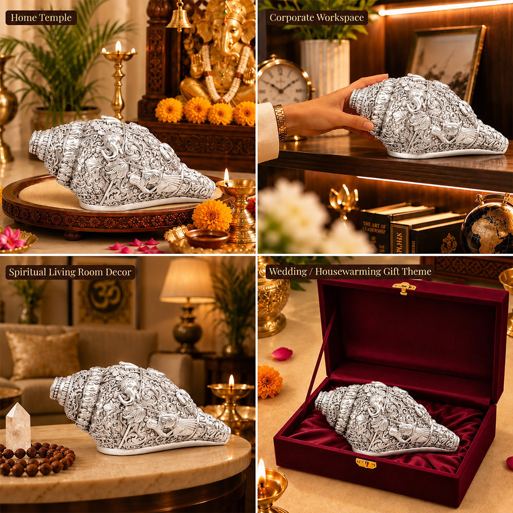 999 Silver-Plated Ganesha Shankh | Premium Gift Box | 14x8 CM